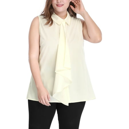 Adult Plus Fashion - Women's Plus Size Blouses Placket Ruffle Fashion Sleeveless Shirt Tops Blouse Beige 1X