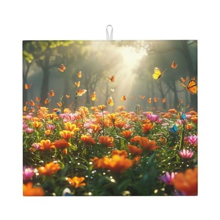 

Lukts Butterflies In Flower Field Print Ultra Water Dish Drying Mat Slip Resistant Pad for Sink Dishes or Under Rack Kitchen Counter Accessories