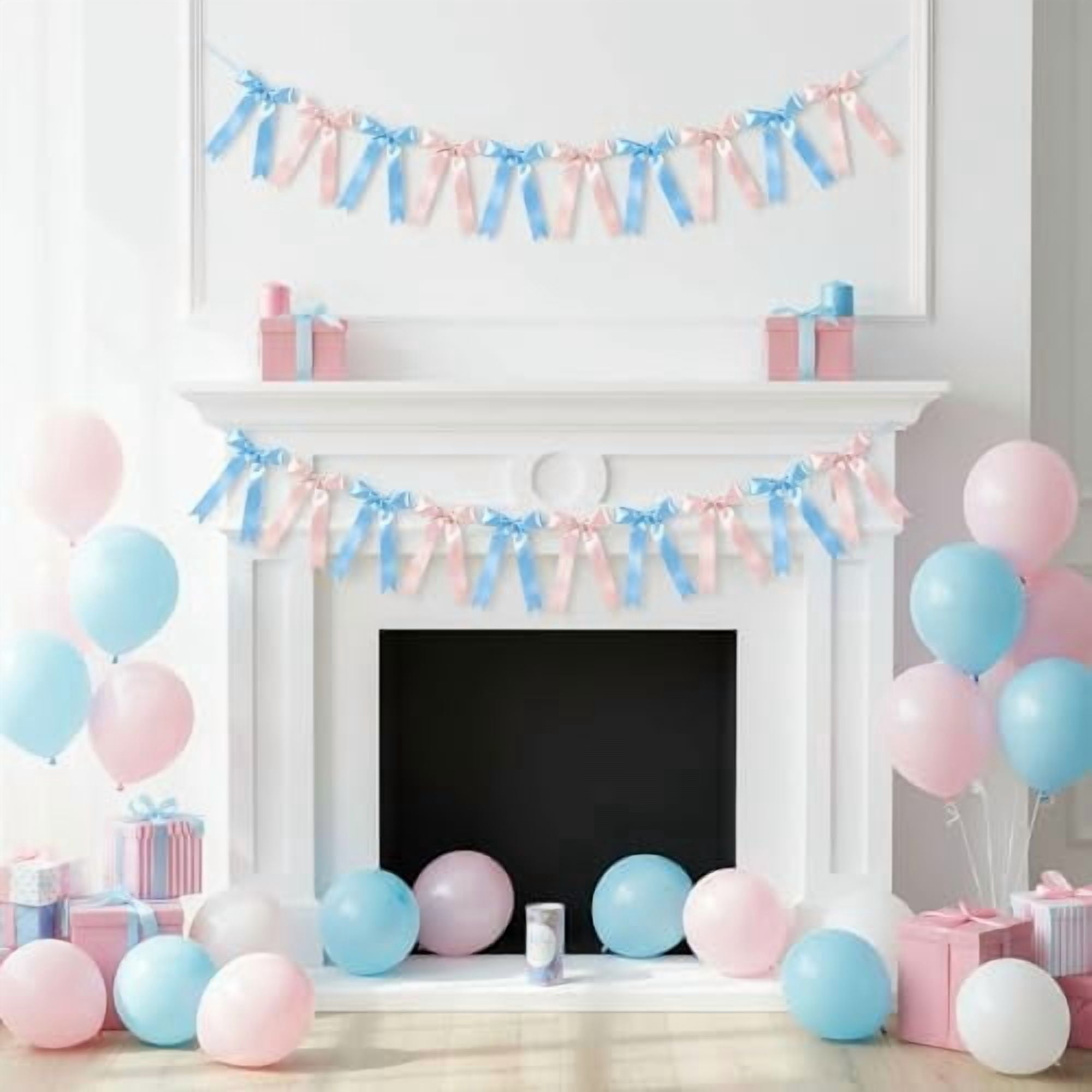 2 Pack Pink and Blue Satin Ribbon Garland Banner for Gender Reveal Parties, Baby Showers, Weddings and Birthday Celebrations with Pre-Strung Bows and Decorative Accents