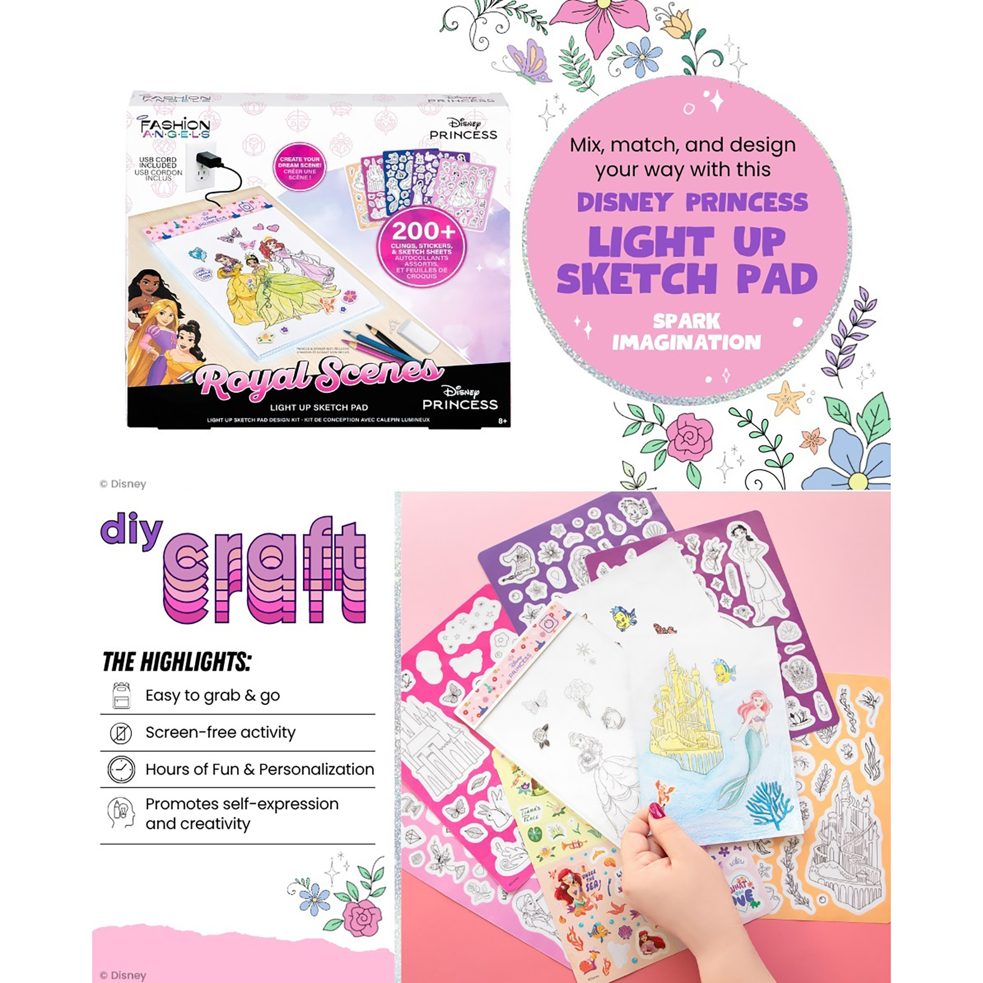 Fashion Angels: Light Up Sketch Pad - Disney Princess Royal Scenes - Design Art Kit, Illuminated Tracing Pad, Reusable Clings, Sticker Sheet, Kids 8+