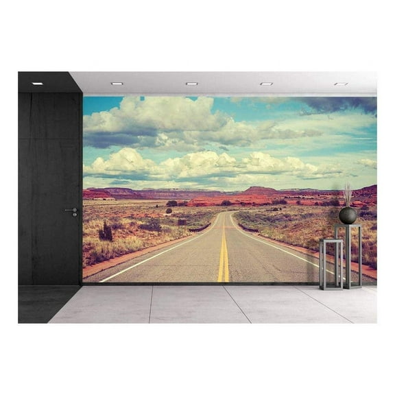 wall26 - Vintage Stylized Desert Road, Travel Concept. - Removable Wall Mural | Self-Adhesive Large Wallpaper - 66x96 inches