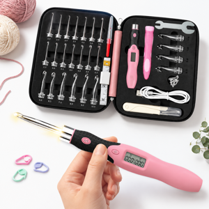 Pink Light Up Counting Crochet Hook Set 24-in-1 Interchangeable Hooks
