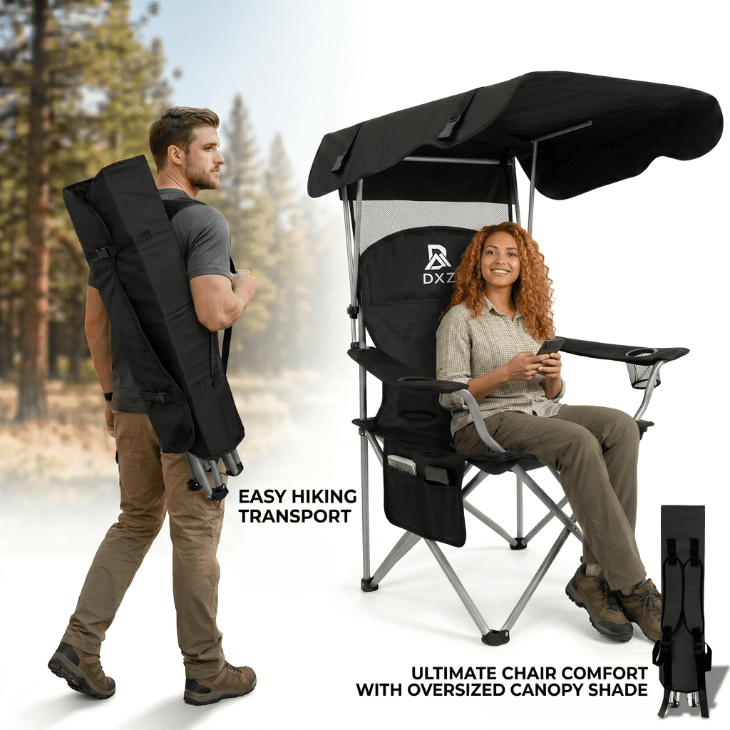 Portable Folding Outdoor Shade Camping Chair, Wide Seat with Breathable Mesh Backrest, Dual Side Cup Holders & Storage Pocket, Equipped with Carry Strap, Foldable Lightweight Lawn Chair for Beach