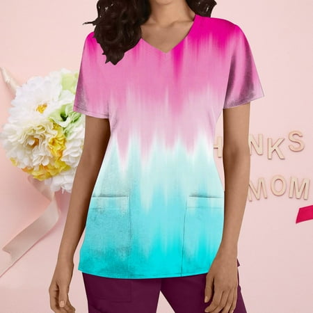 

wo-fusoul Summer Savings Clearance! Womens Scrubs Tops Plus Size Short-Sleeve Nursing Uniform Crew Neck Working Uniform w/Pockets Mother S Day Shirts