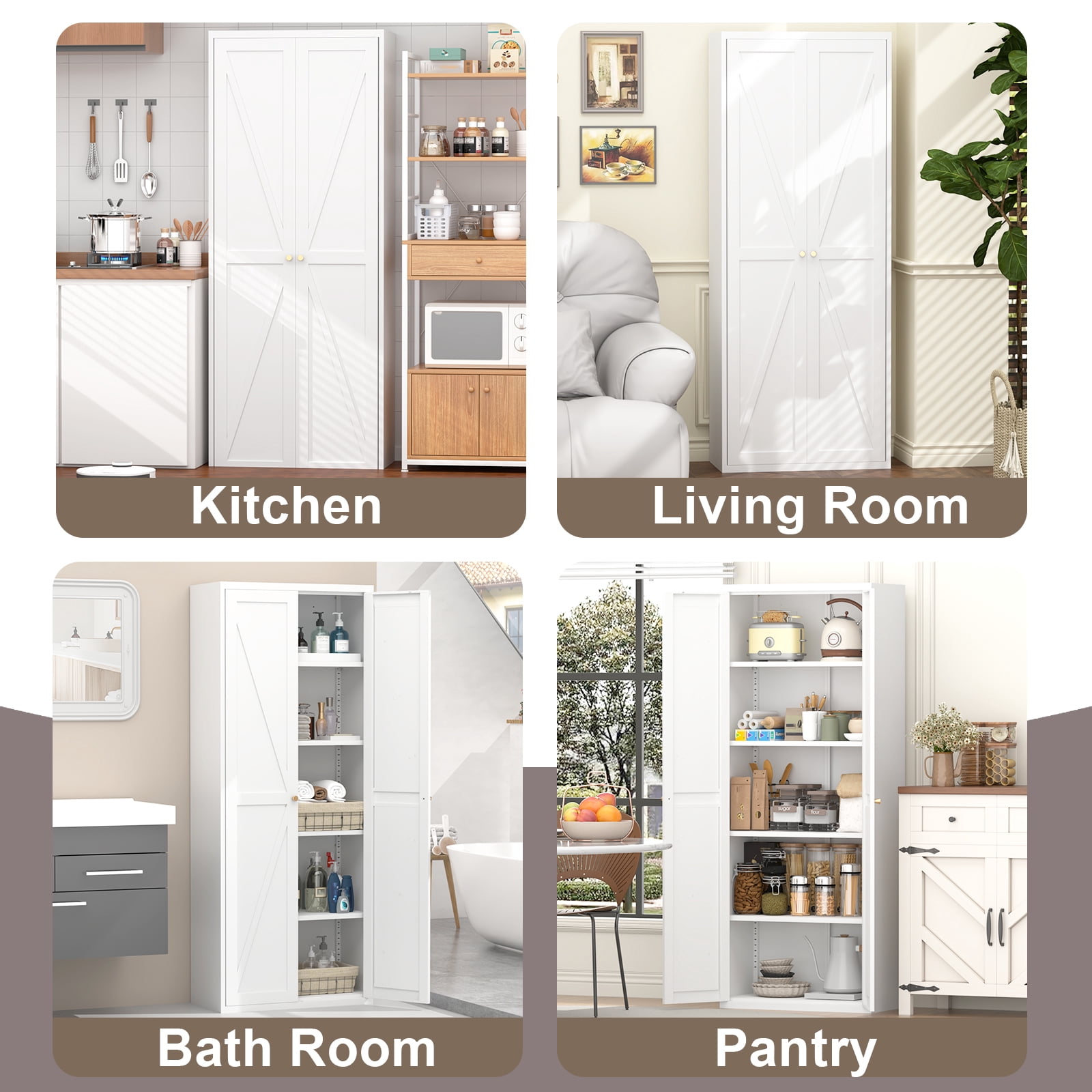 Adjustable 2 Doors Storage Cabinet, Kitchen Pantry Cabinet With Adjustable Shelves Tall Steel Cabinet Locker For Kitchen, Living Room, Dining Room and Office