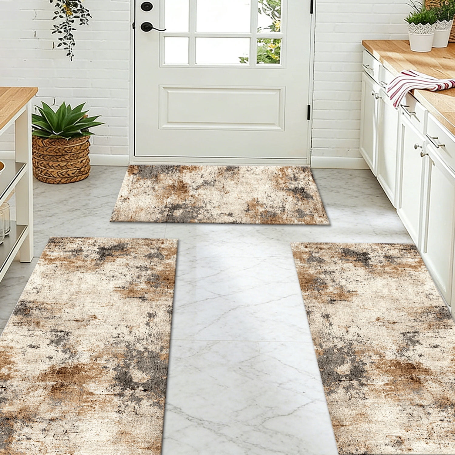 3-Piece Farmhouse Striped Kitchen Rug Set Anti-Slip Backing, Machine Washable Distressed Floor Mats for Kitchen Hallway Bathroom Laundry Room Christmas Decor