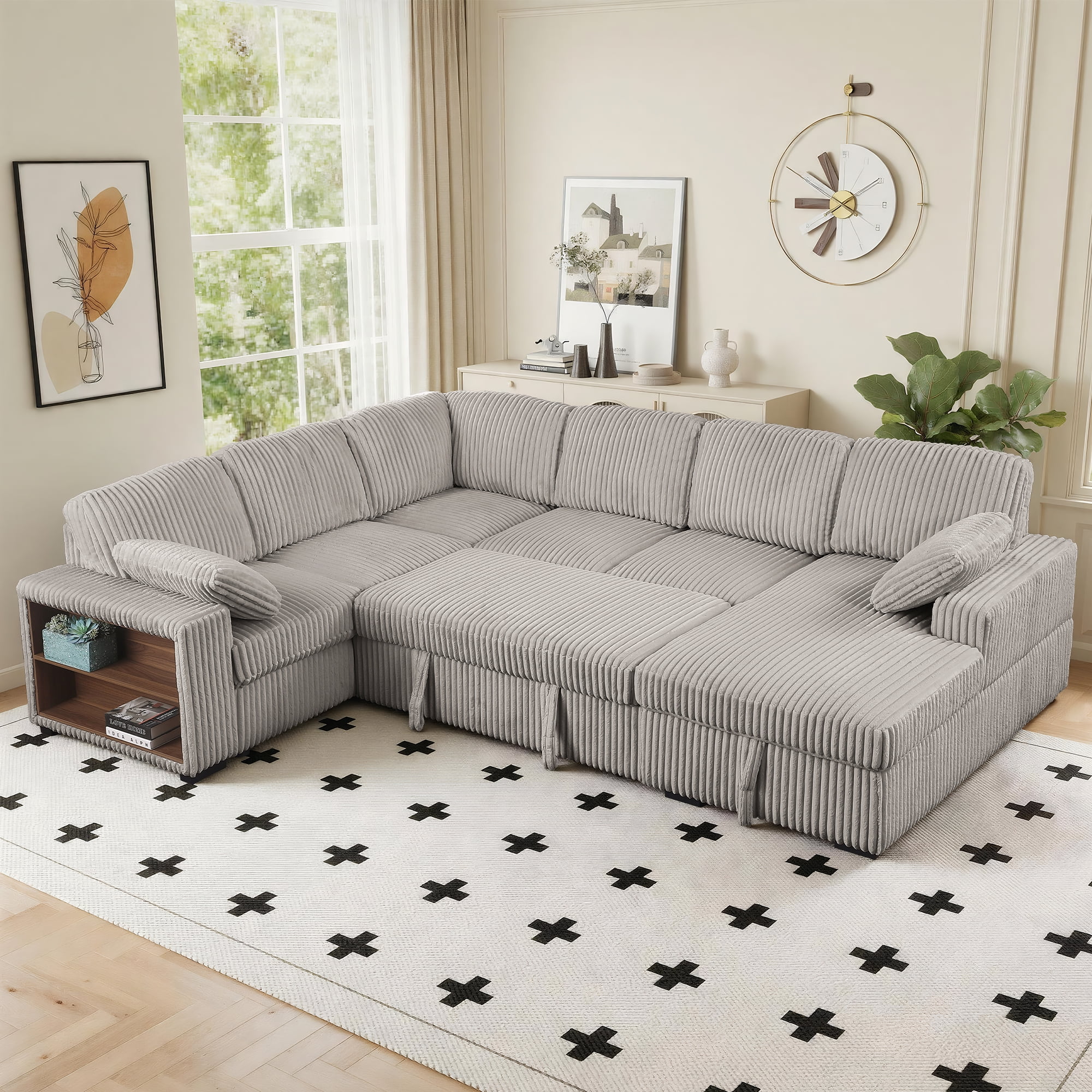 Gewnee 117 inch Sectional Sofa with Pull Out Bed,U-Shaped Modular Sectional with Storage,Cloud Couch for Living Room,Family Room & Apartment,Light Grey