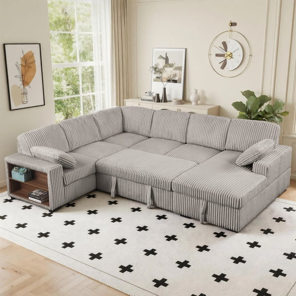 BSHTI L-Shaped Convertible Sleeper Sofa Bed with Storage Chaise, Pull Out Sectional Sofa Couch with Cup Holders & Side Pockets, Corduroy Fabric for Living Room