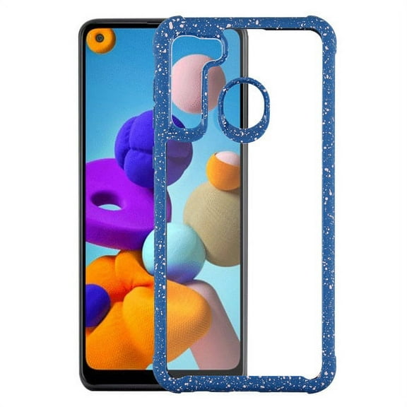 Samsung Galaxy A21 Phone Case Hybrid [TPU Cushion] Enhanced Hand-Grip TPU Soft Cushion Frame Transparent Clear Shock-Absorbing Armor Rubber Bumper Back PC Hard BLUE Cover for Samsung Galaxy A21