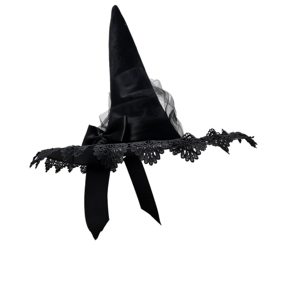 Halloween Pleated Witch Hat for Women with Lace Trim and Mesh Detail, Wide Brim Pointed Cone Costume Hat, Wizard Headwear for Party Dress Up Cosplay Stage Black