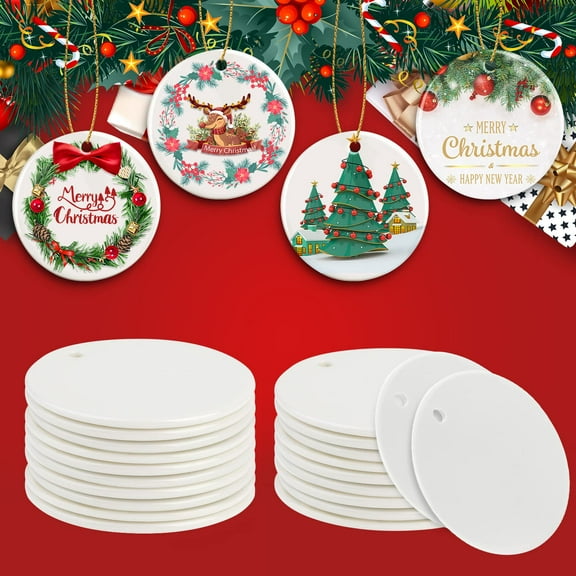 25PCS Sublimation Ceramic Ornament, EEEkit 2.75 Inch Round Sublimation Blank Ceramic Ornament Bulk with Gold String for DIY Crafting Personalized Thanksgiving Christmas Home Decor Pendant
