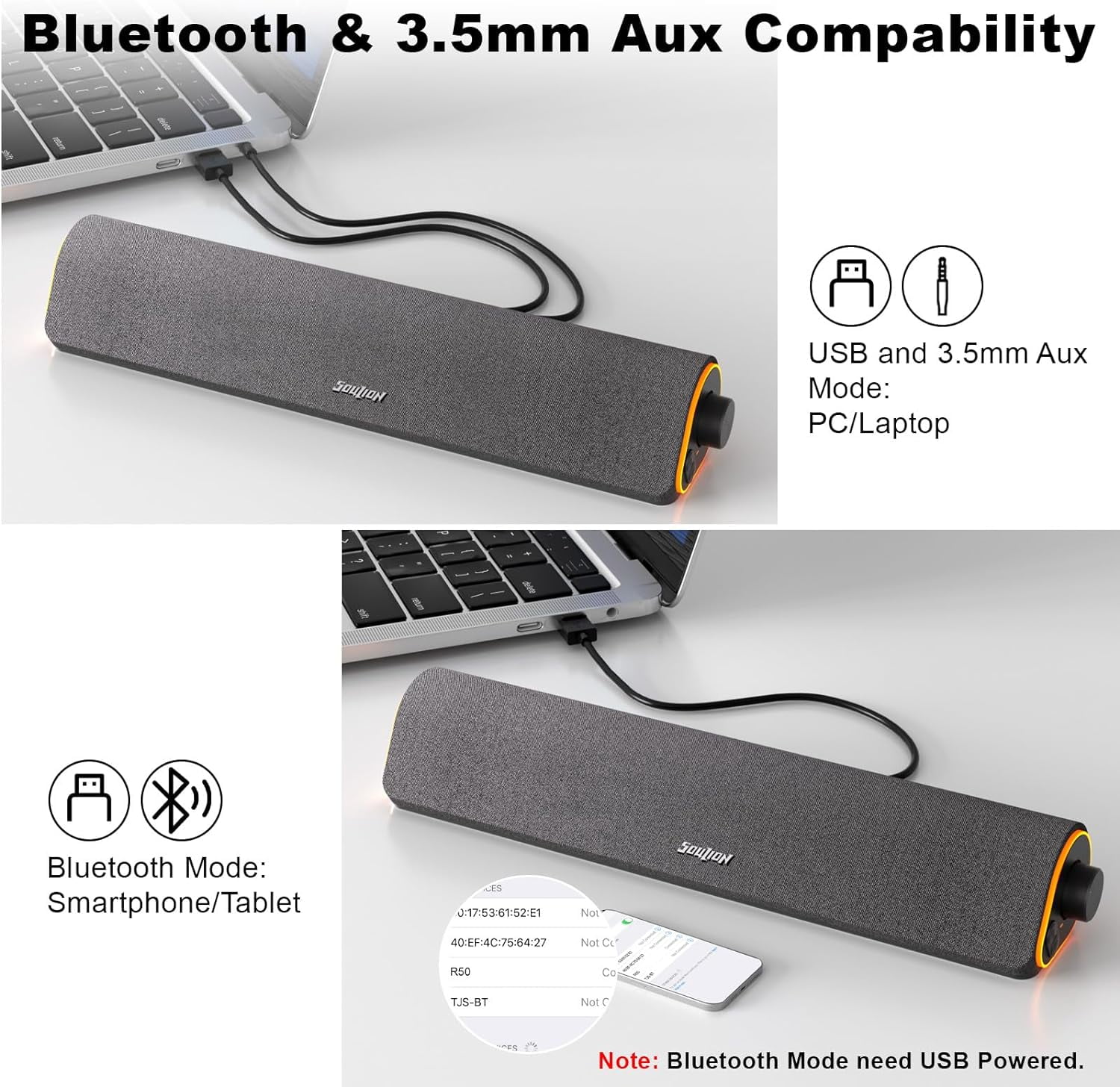 R50 Bluetooth Computer Speakers, 3.5mm PC Sound Bar for Desktop Monitor, Wired USB Powered & Colorful LED Lights with Switch Button, Surround Sound Soundbar PC Spearkers for Computer