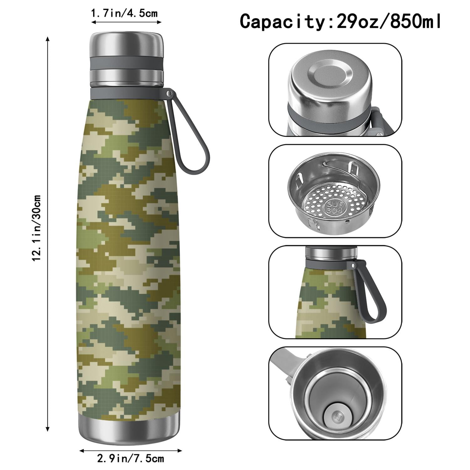 29oz Insulated Water Bottle with Tea Infuser, Stainless Steel Travel Mug, Camouflage Print