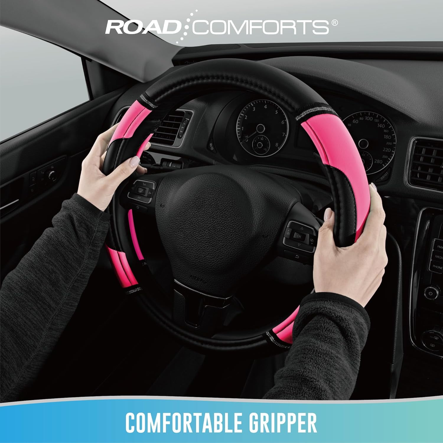 Leather Steering Wheel Cover - Made with PVC Leather - Anti-Slip, Universal Fit 14 1/2 inches to 15 inches - Hot Pink