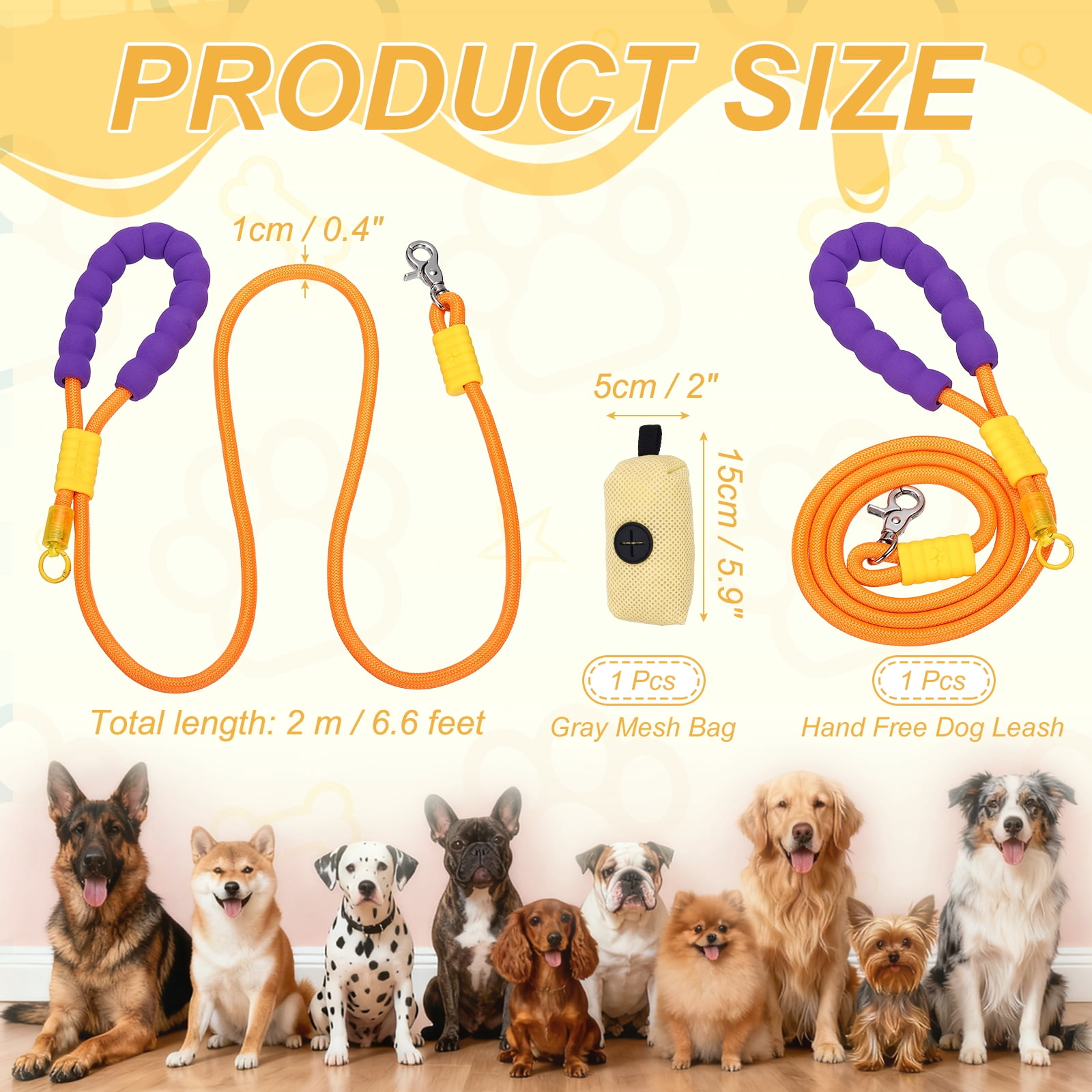 Uxcell Dog Leash with Padded Hands Free, 6.6ft/2m Adjustable Bungee Dog Training Leash, No Pull Heavy Duty Rope(Orange, Beige Bag), Intended for Large Medium Pet Running/Hiking/Walking