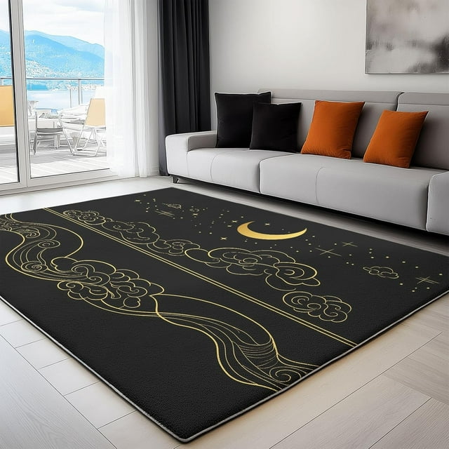 Washable Rug 6x9 ft Area Rug Gold line Cloud Moon Living Room Rug, Non Slip Machine Washble Rug Soft Low Pile Bedroom Rug Lightweight Rug Carpet for Home Dinning Room