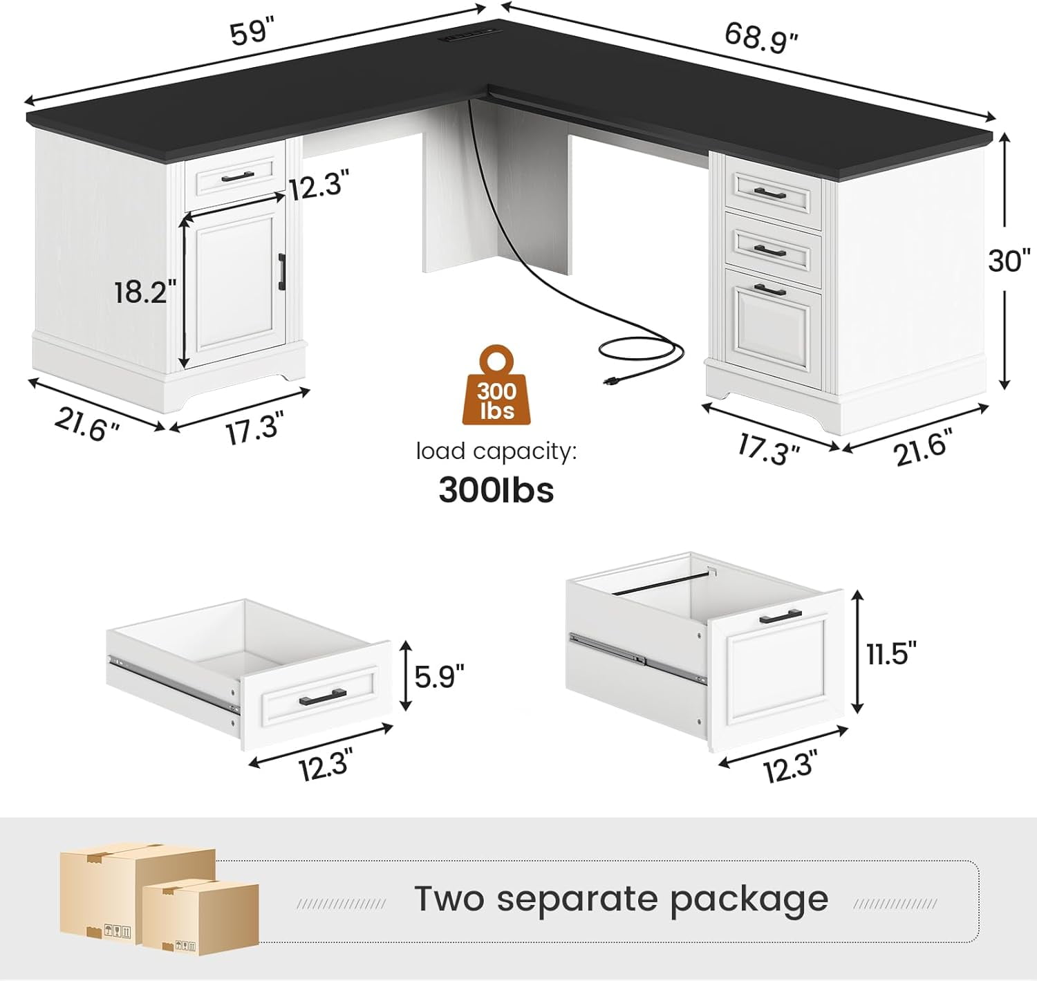 L Shaped Office Desk with Large Workspace & Charging Station, Wood Desk with 4 Drawers & Cabinet, White & Black
