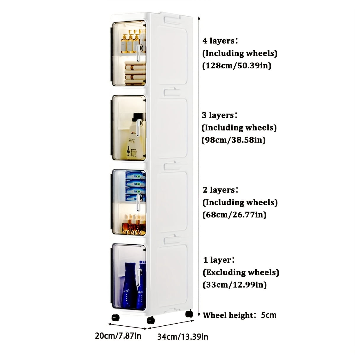 4-Tier Tall Narrow Storage Cabinet with Movable Wheels, Adjustable Shelves, Anti-Tip, Slim, for Small Space, Bathroom, Kitchen, Laundry, White