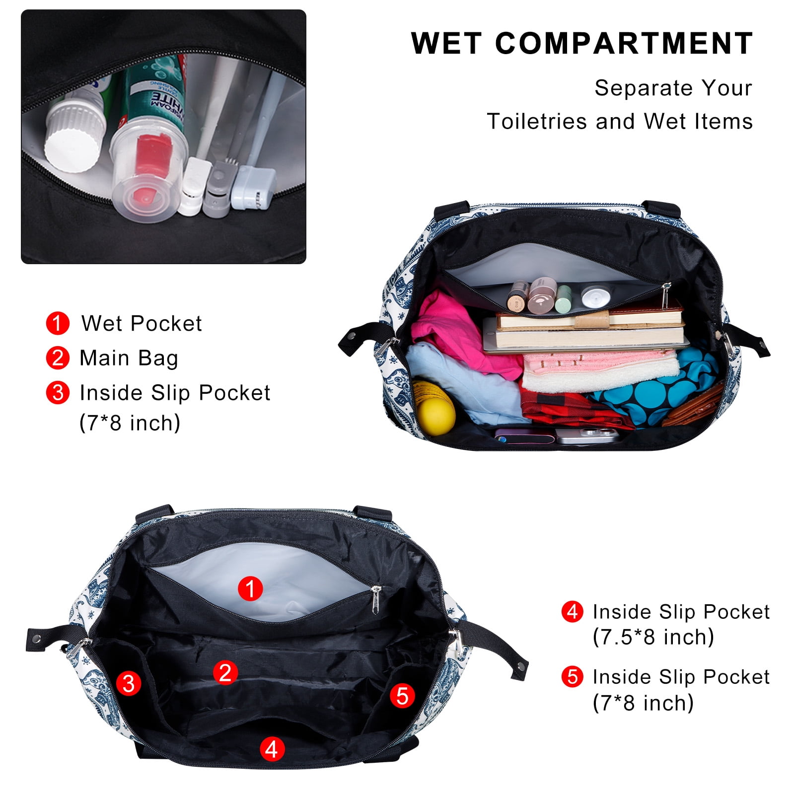 Duryarhall Foldable Multiple Pockets Sports Tote Handbag Single Shoulder Waterproof Travel Bag
