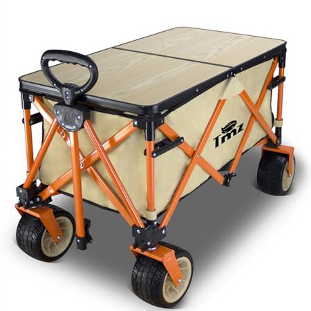 TMZ Collapsible Folding Wagon Cart, Outdoor Utility Garden Cart, Heavy Duty Camping Wagon with Folding Table Board, Foldable Wagon for Sports, Shopping, Fishing and Beach(Beige)