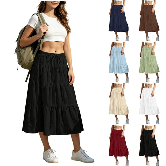 Dvprdro Womens Flowy A Line Midi Skirt Drawstring Elastic Waist High Waisted Skirt with Pockets Solid Casual Summer Beach Vacation Office Travel Skirts