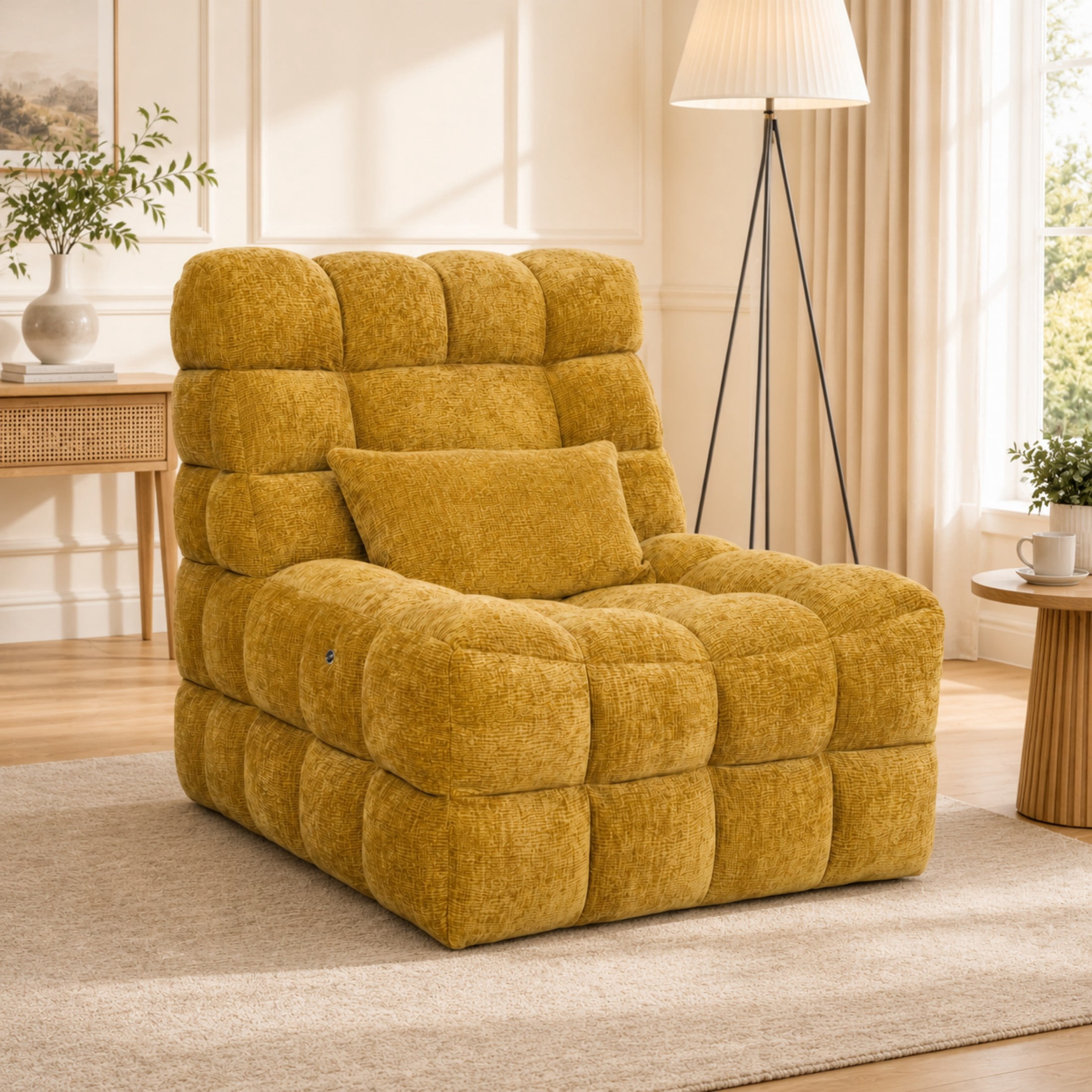 Aenkyo Chenille 2D Roller Massage Sofa Chair, Lounge Accent Chair with Pillow, Yellow