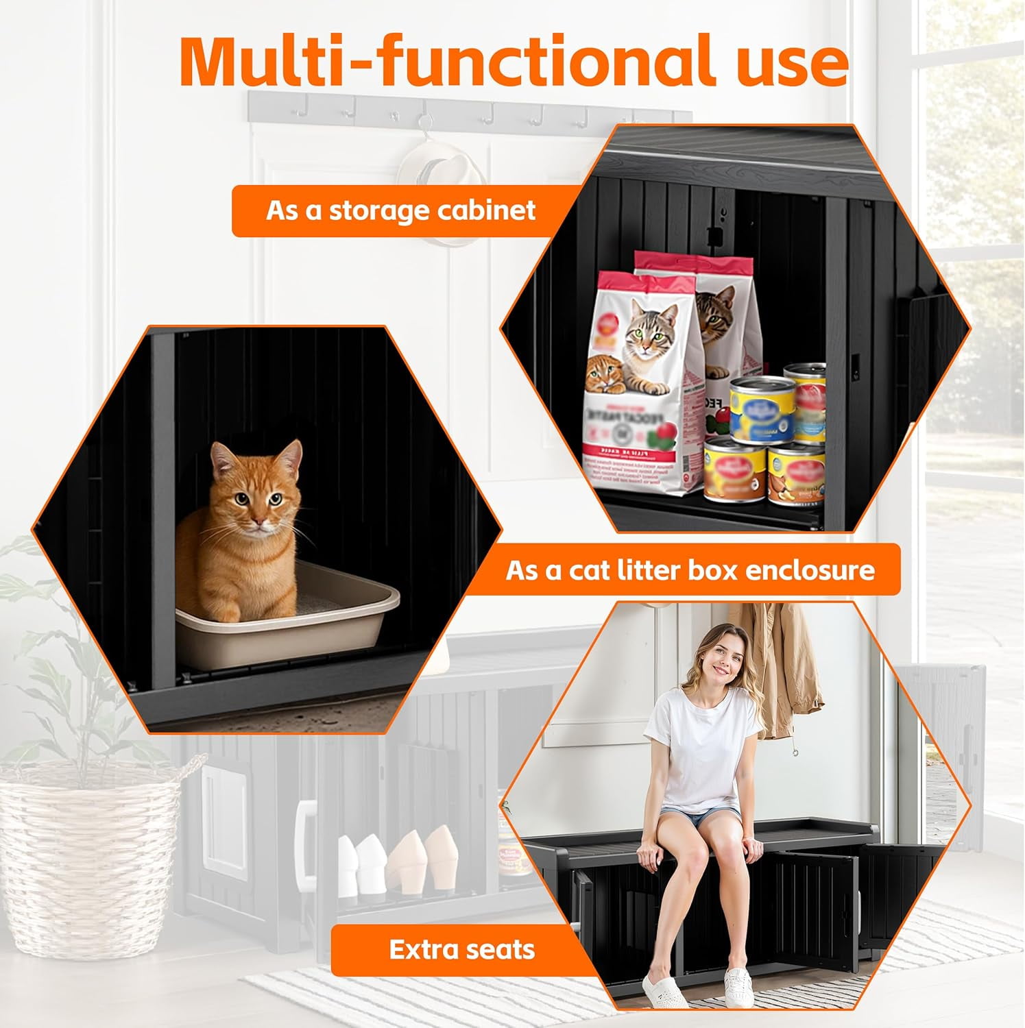Cat Litter Box Enclosure, Resin Litter Box Furniture Hidden with Door, Multifunctional Cat House, As Storage Cabinet, Side Table, Easy to Assemble and Clean, Black