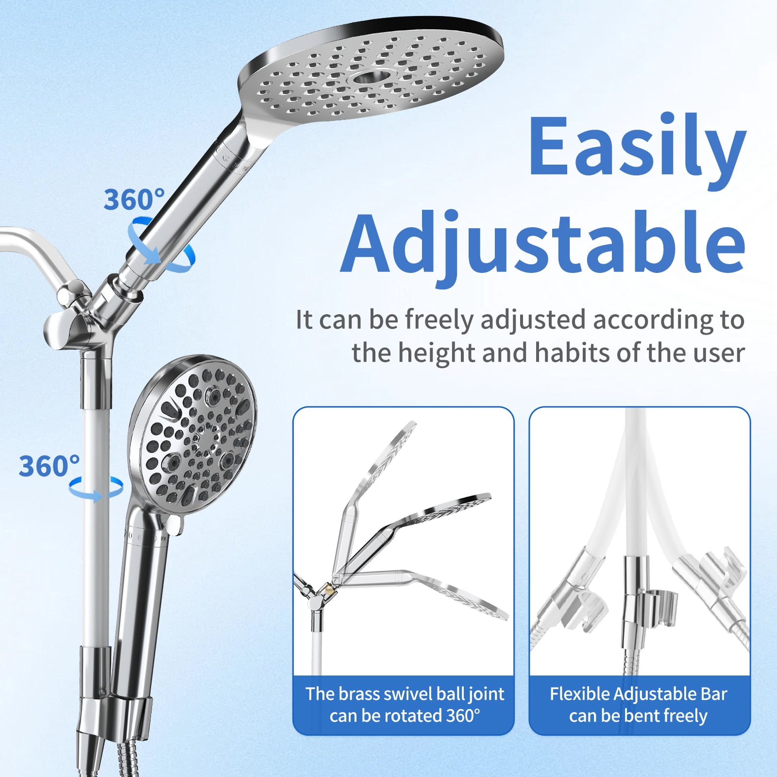 KAIYING Filtered Dual Shower Head System, 9-Mode Rain and Handheld Spray Combo with Adjustable Extension Arm, Chrome