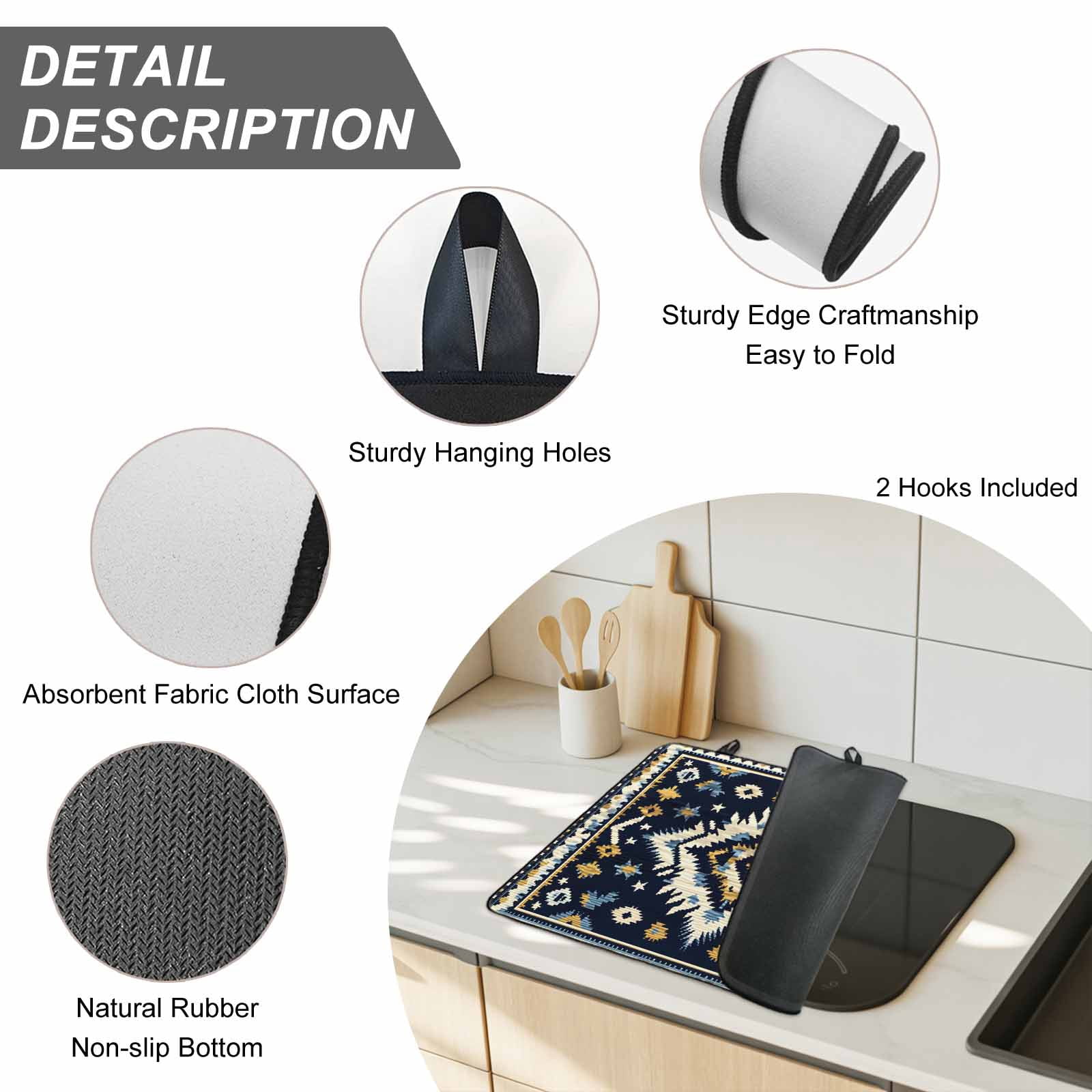 Boho Navy Blue Stove Top Cover for Electric Stove, Heat-proof & Non Slip Glass Top Stove Cover Protector, Ethnic Geometric Southwestern Retro Kitchen Flat Cooktop Rubber Mat 24x21 Inches