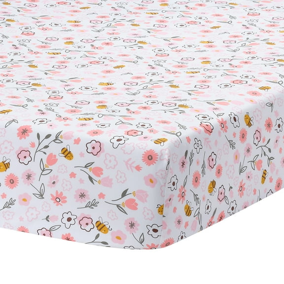 Lambs & Ivy Little Garden 100% Cotton Pink Floral Fitted Crib/Toddler Sheet