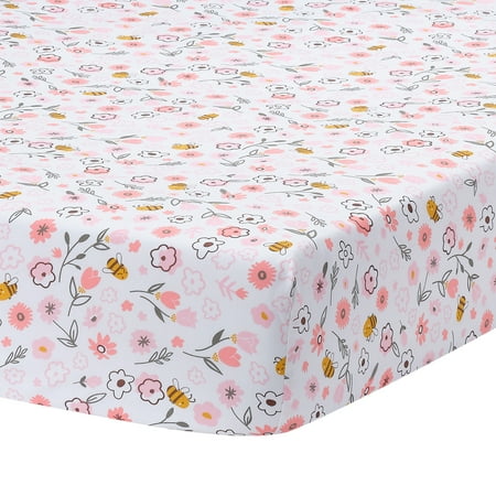 Lambs & Ivy Little Garden 100% Cotton Pink Floral Fitted Crib/Toddler Sheet