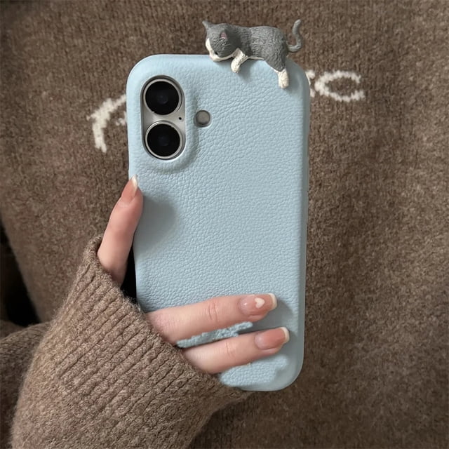 Cute 3D Cartoon Lying Cat Fish Lychee Pattern Leather Phone Case For iPhone 16 Pro 15 13 12 11 Pro Max 14 Plus Lovely Soft Cover