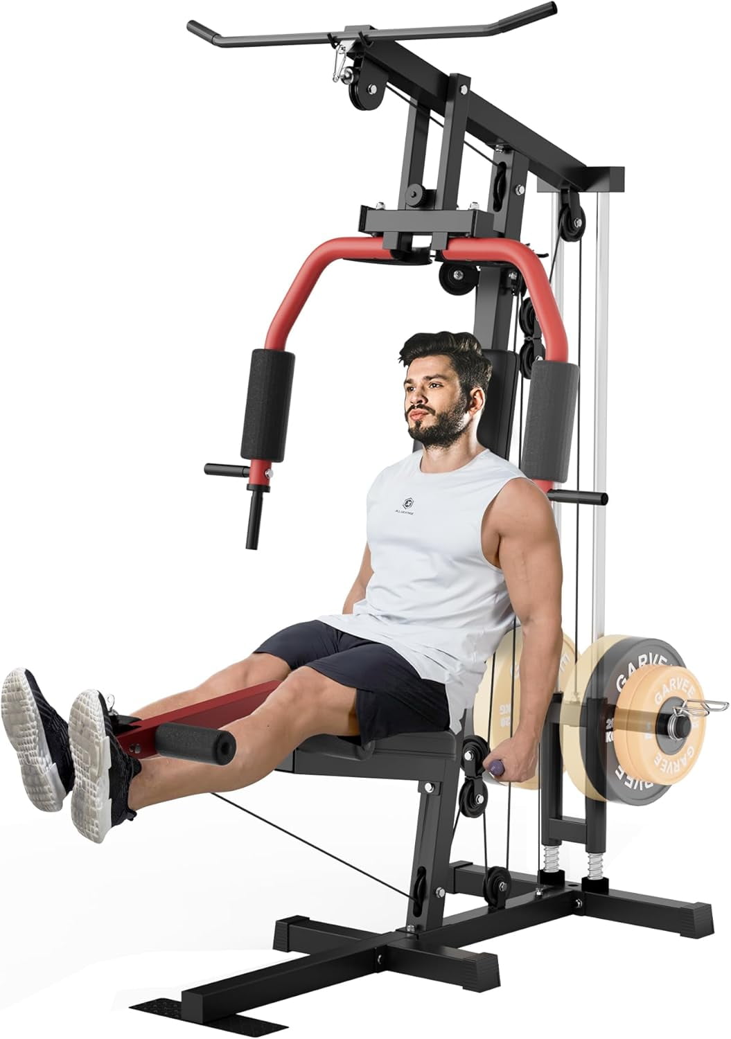 GARVEE Home Gym Station, Multifunctional Home Gym Equipment for All Body Training with Leg Press & Pulley System, Red