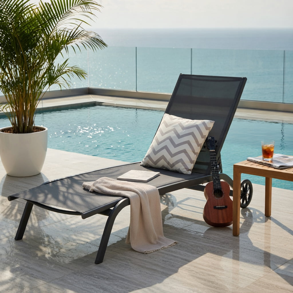 Hommoo 6-Position Adjustable Outdoor Chaise Lounge Chair with Smooth-Rolling Wheels, for Patio, Poolside & Backyard, Gray