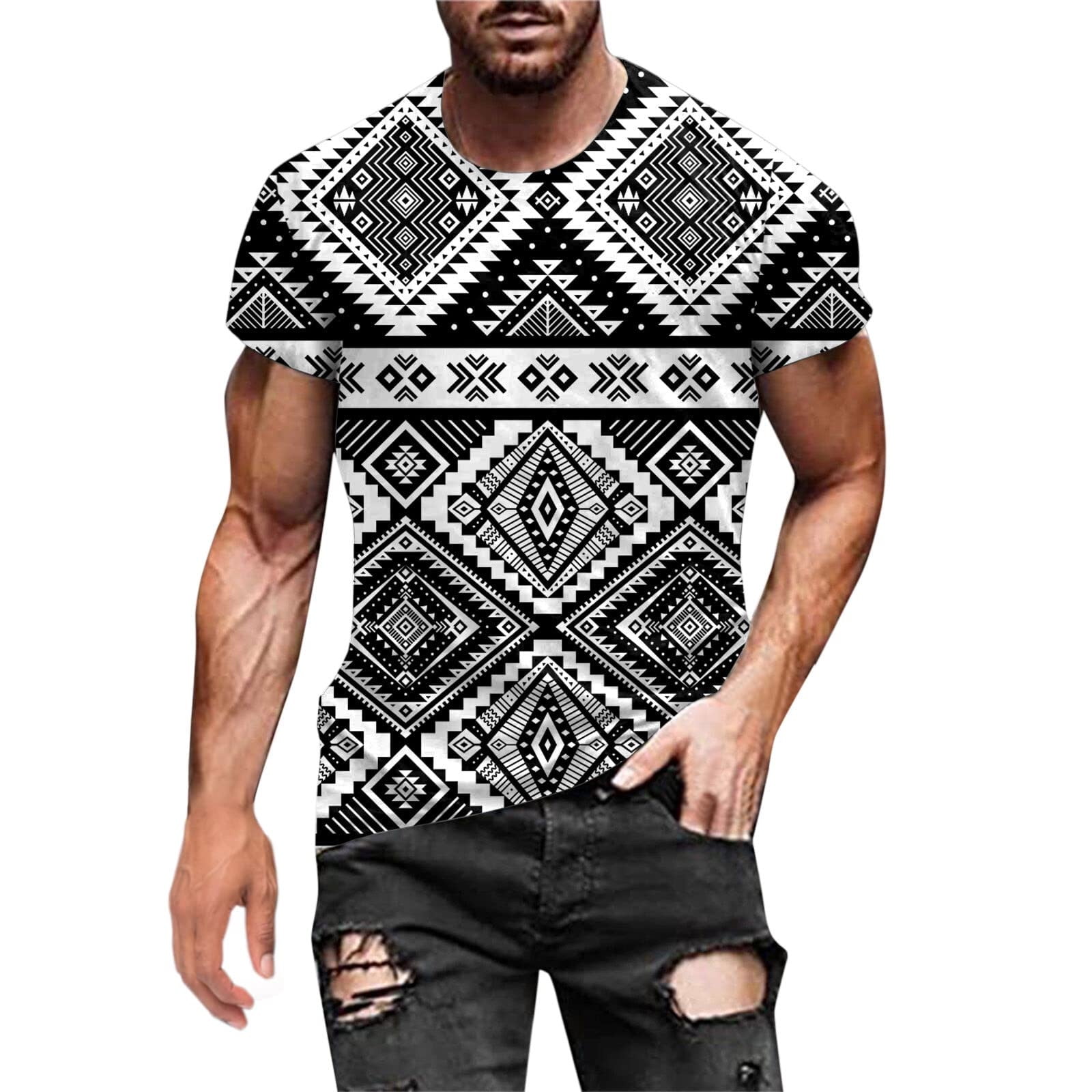 Zodggu Mens Blouse Vintage Ethnic Pattern Geometric Print Short Sleeve  Street Slim Fit Gifts for Men T Shirts for Men Crew Neck Fashion Trendy  Male Leisure Black M 
