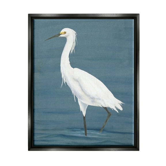 Stupell Industries Egret in Beach Shore Animals & Insects Painting Black Floater Framed Canvas Art Print Wall Art, 17 x 21
