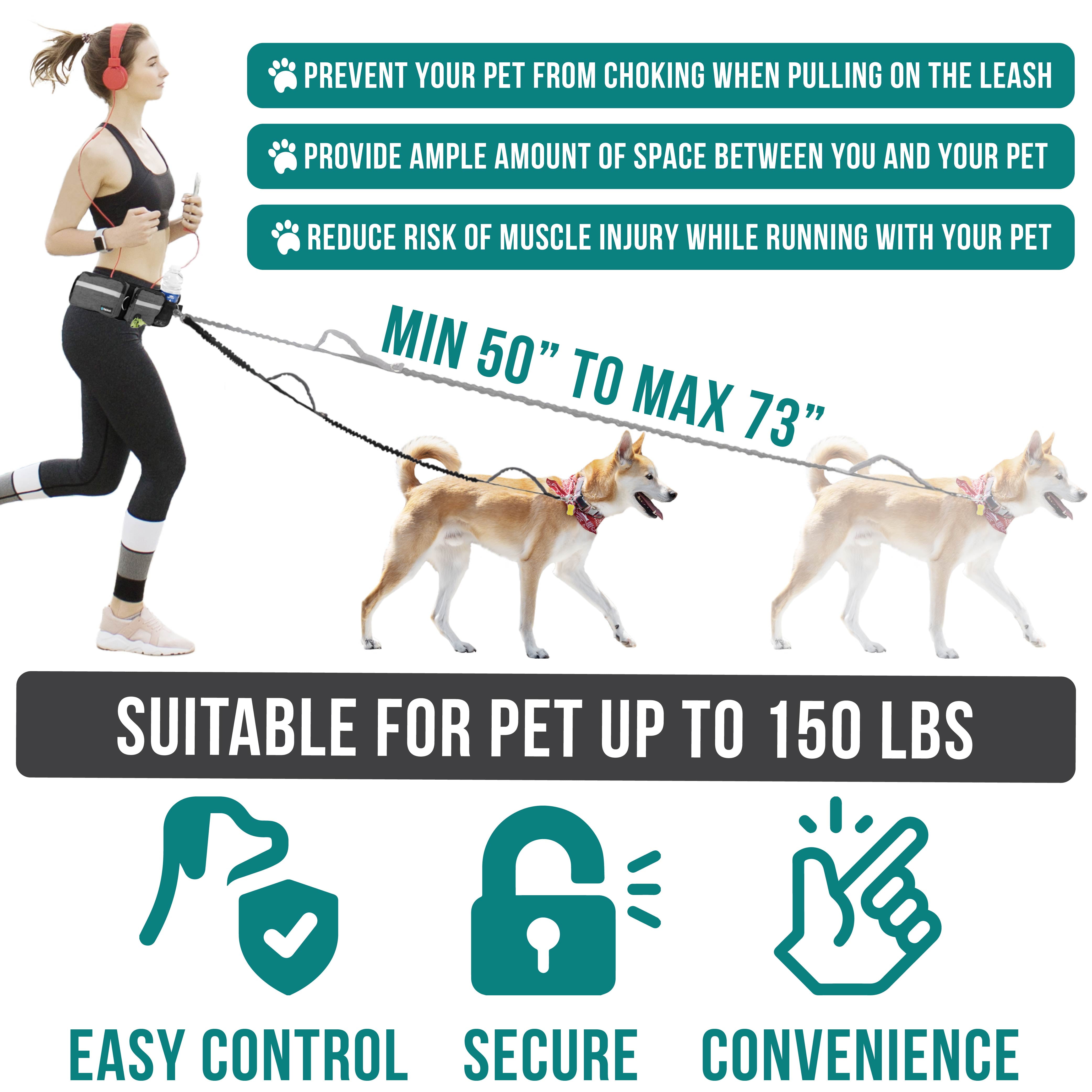 PetAmi Hands Free Dog Leash, Dog Running Leash Belt Bag for Walking, Jogging, Dog Waist Double Zipper Pouch with Poop Bag Dispenser, Dual Padded Handles Reflective Bungee Leash, Double (Charcoal Grey)
