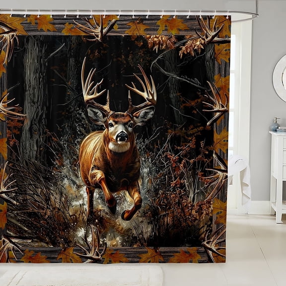 Tree Camouflage Deer Shower Curtain - Camo Branches Rustic Deer Fabric Shower Curtain - Deer Hunting Bathroom Shower Curtain Sets Running Deer Hunting Cabin Lodge Bath Curtain 72"Wx72"L