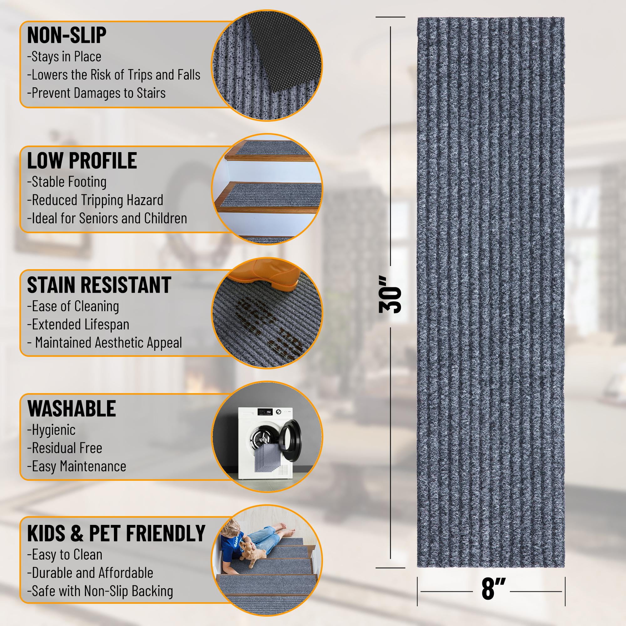 Ottomanson Indoor/Outdoor Non-Slip Stair Treads for Wooden Steps 8" x 30" Rubberback Step Mat, 7 Pack, Gray