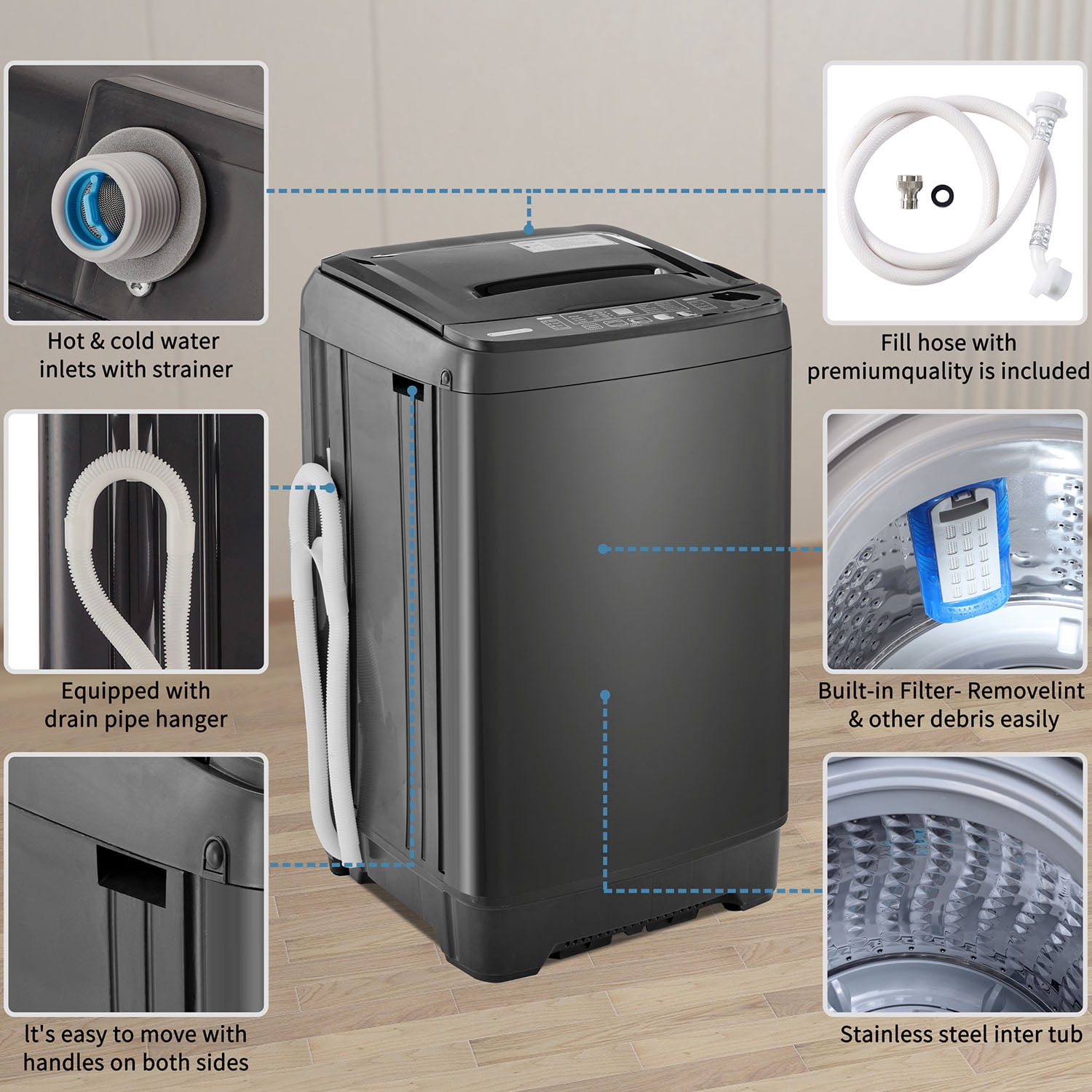 Spaco Compact Home Automatic Washer, 17.6 lbs. of Laundry, 8 Water Levels/10 Programs for Apartments, Antique Grey White Spaco Compact Home Automatic Washer, 17.6 lbs. of Laundry, 8 Water Levels/10 Programs for Apartments, Antique Grey White