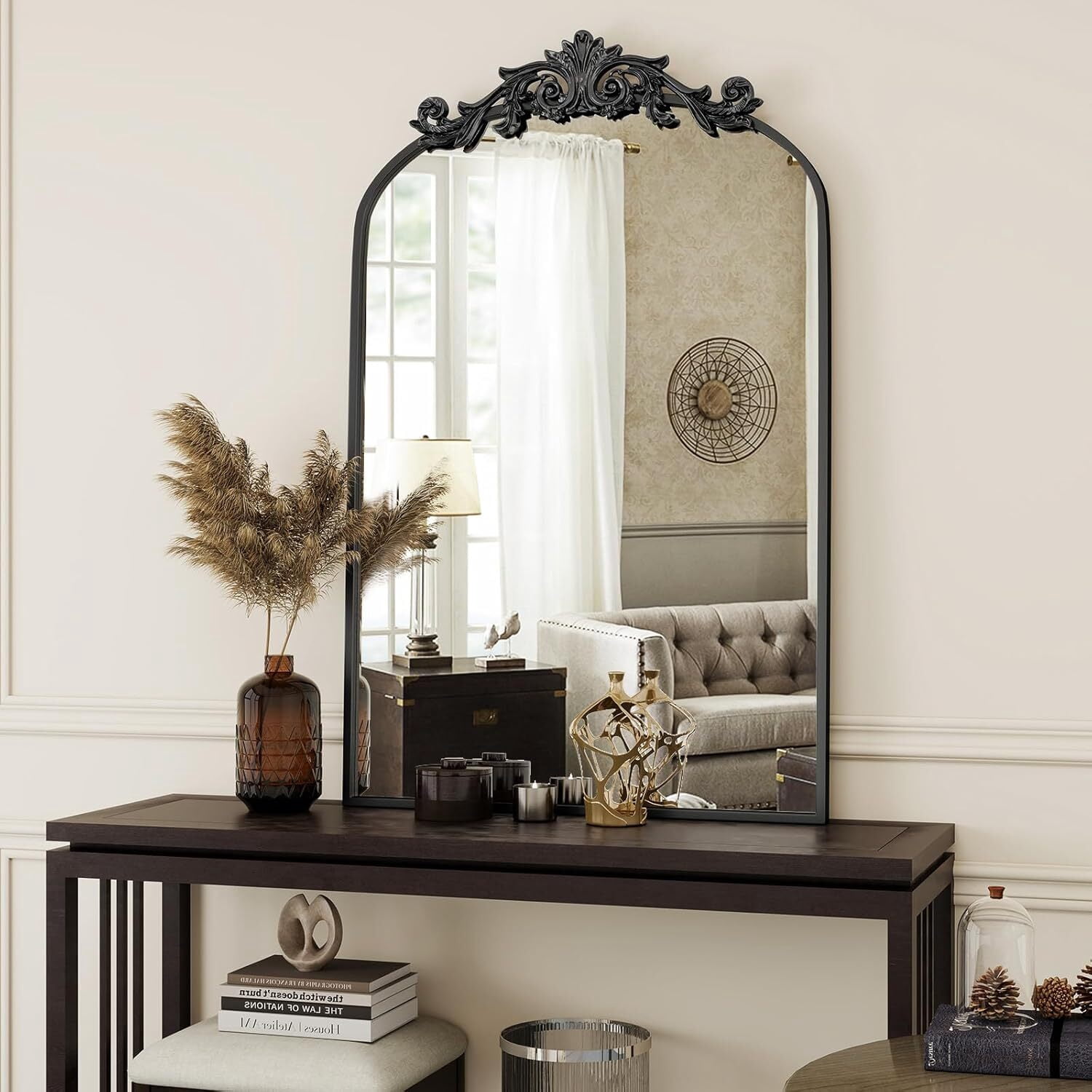 Lumora 26"x38" Arched Vintage Wall Bathroom Mirror, Black