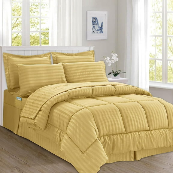 Mocassi Comforter Set, 8-Piece Striped Down Alternative, Soft & Plush Bedding Set Perfect for Any Bed Room, King/California King Size, Gold