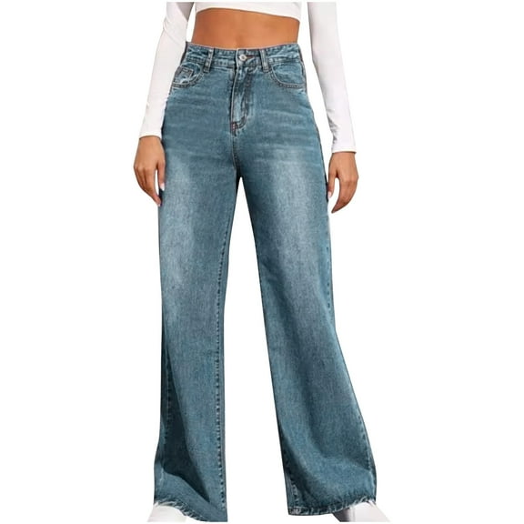 BangWanChi Womens Jeans Petite Women's Casual Trousers Solid Loose High Waisted Wide Leg Jeans With Pocket