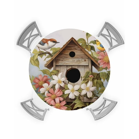 

Round Tablecloth with Elastic Spring Vintage Birdhouse Bird Flowers Waterproof Stain-proof Table Cover Wipeable Fitted Table Cloths for 55 -60 Round Tables Dining Kitchen