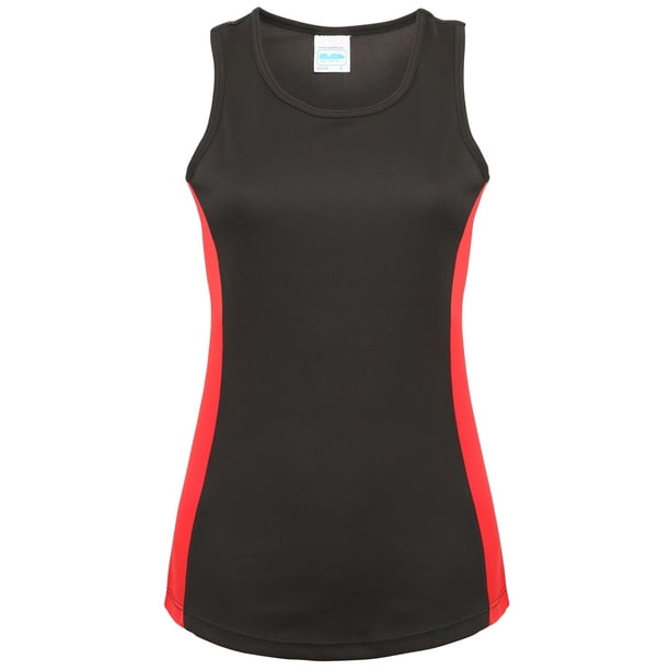 Awdis- Camiseta de tiranes de deporte con franjas de diferente color para mujer (Negro/Rojo intenso)
