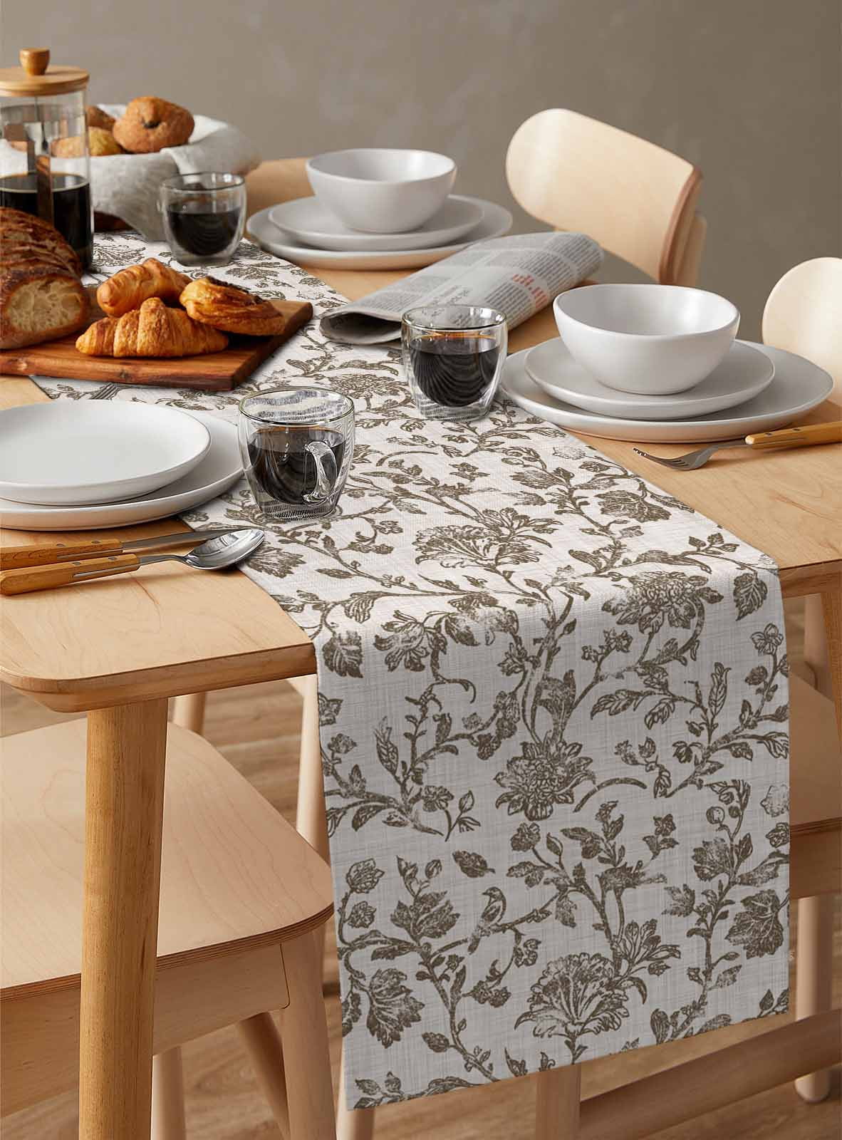 Farmhouse Brown Burlap Cotton Table Runner 13x70 Inches Long, Vintage Flower Leaf Botanical Plant Farmhouse Table Runners, Outdoor Dining Tablecloths Decor for Baby Shower/Party/Wedding