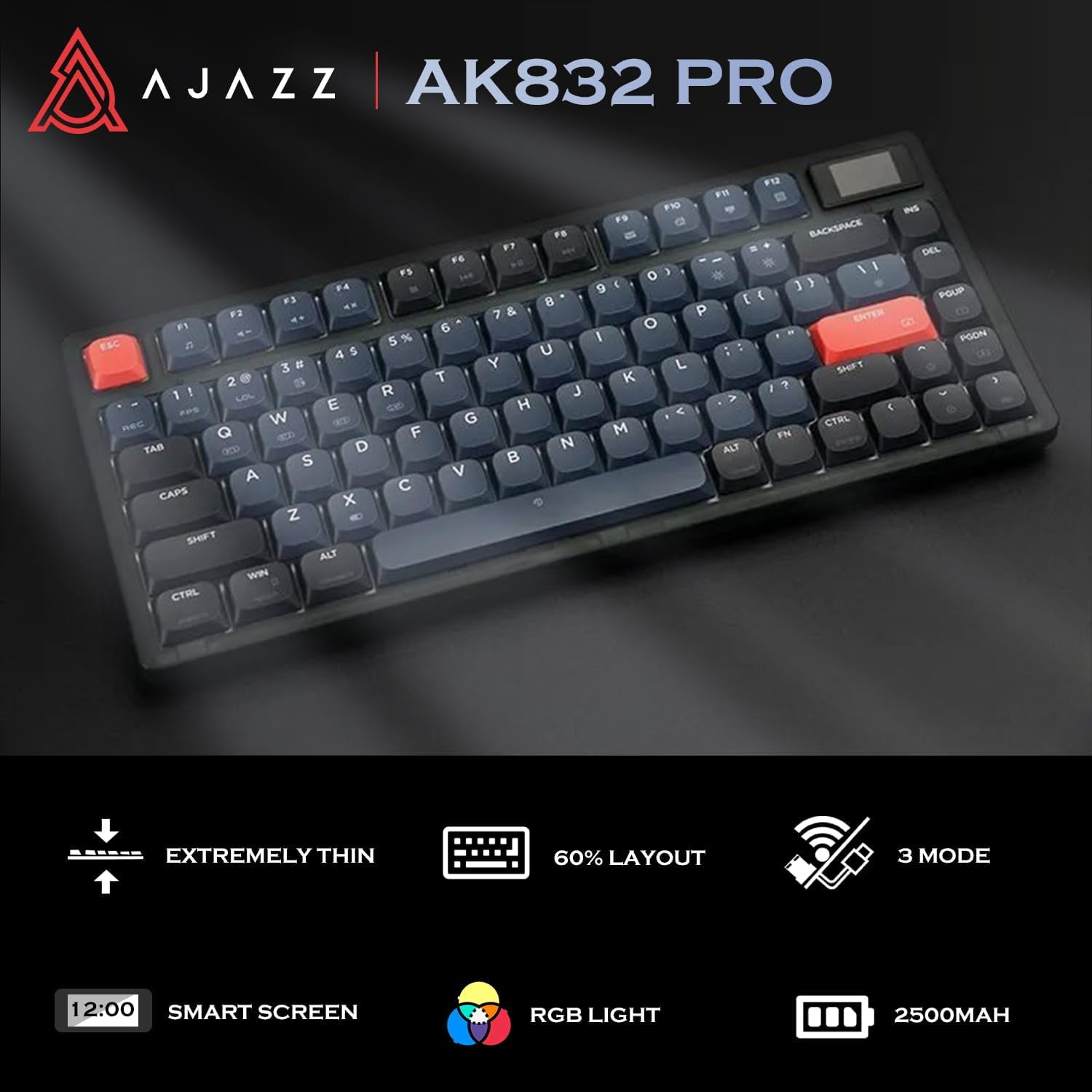 ATTACK SHARK Low Profile Mechanical Keyboard 75%,BT5.0/2.4G/Cable,PBT,White Backlit-Red Switch
