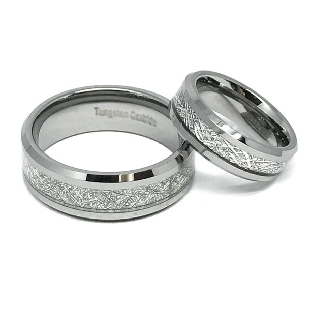 Tungsten Jeweler 8MM/6MM Tungsten Carbide Beveled Edge with Meteorite Inlay Wedding Band Ring