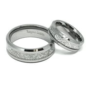 8MM/6MM Tungsten Carbide Beveled Edge with Meteorite Inlay Wedding Band Ring Set For Men and Ladies