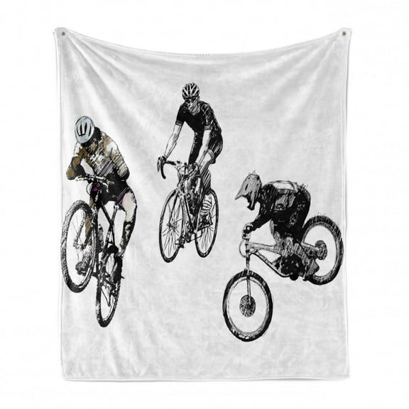 Sketchy Soft Flannel Fleece Blanket, Hand Drawn Image of Cyclists Bicycle Bikes with Tour De France Theme Outdoors, Cozy Plush for Indoor and Outdoor Use, 50" x 60", Black and White, by Ambesonne